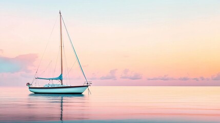 Naklejka premium Sailboat at dawn, soft pastel colors, gentle ocean, watercolor style