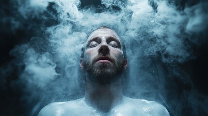 A man experiences a cryotherapy session inside a cryochamber, with mist swirling around him. His expression reflects tranquility as he relaxes in the cold atmosphere