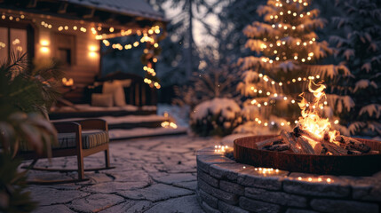 A cozy outdoor scene with a fire pit and a Christmas tree. The fire is lit and the area is illuminated with Christmas lights. The atmosphere is warm and inviting, perfect for spending time with family