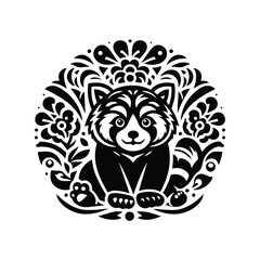 Obraz premium red panda in folk art black and white silhouette illustration -