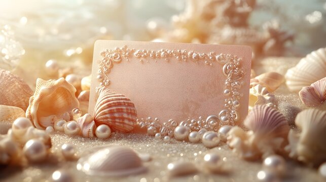 An elegant card surrounded by seashells and pearls, creating a serene beach atmosphere perfect for invitations or decor.