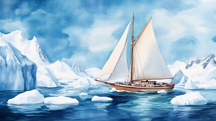 Sailboat navigating through icebergs, arctic waters, watercolor style