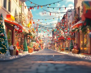Obraz premium Charming winter street adorned with colorful lights and festive decor, creating a magical holiday atmosphere for joyous celebrations.