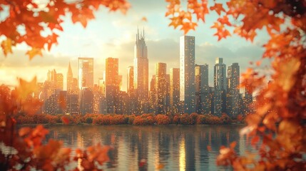 Future City Harmony: Urban Skyline Intertwined with Autumn Leaves
