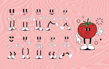 60s 70s groovy hippie retro cute comic vector doodle set, cartoon characters in different poses and emotions, vector illustration