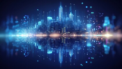 Fototapeta premium Futuristic urban concept, abstract glowing particles forming cityscape shapes on a dark blue background, bokeh effect