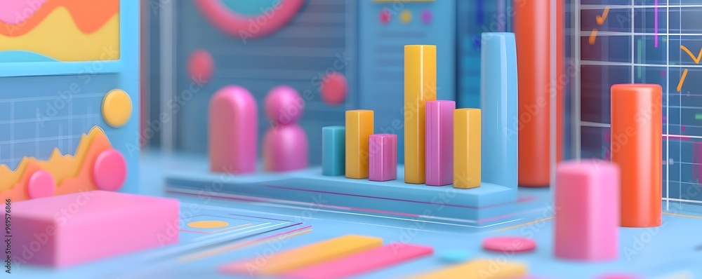 Poster colorful abstract design features geometric shapes and vibrant bars, symbolizing data visualization 