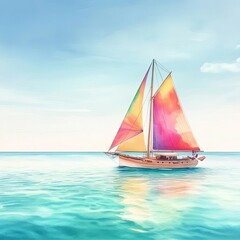 Fototapeta premium Sailboat with colorful sails, tropical ocean, clear sky, watercolor style