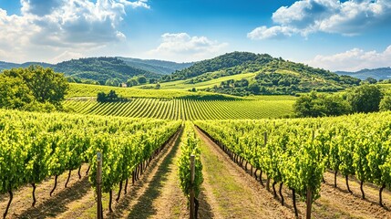 Fototapeta premium A scenic vineyard with rows of grapevines stretching out towards rolling hills