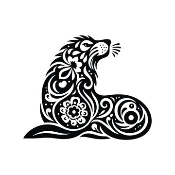 recommend clip art: Sealion in folk art black and white silhouette illustration -