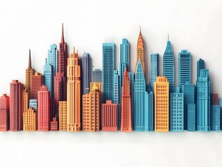 Obraz premium Colorful city skyline featuring diverse architectural styles and vibrant hues, perfect for urban and design themes.