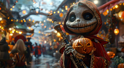 Naklejka premium 3D Illustration of a Skeletally Figure Holding a Jack-o'-lantern in a Festive Setting