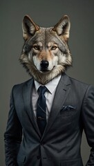 Surreal wolf in business attire, posed on a neutral background in a studio.