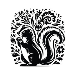 Skunk in folk art black and white silhouette illustration -