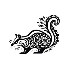 Skunk in folk art black and white silhouette illustration -
