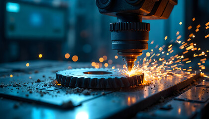 Close-up of a CNC machine cutting a gear, emitting sparks, showcasing advanced manufacturing techniques in a dynamic industrial environment.