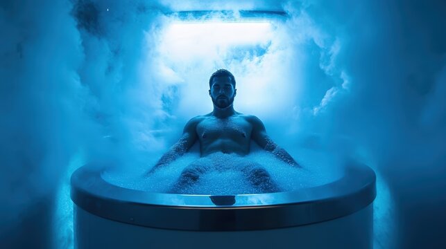 A man sits in a sleek cryo chamber, immersed in cold vapor with an ethereal blue glow surrounding him. He seems relaxed amidst the chilling environment