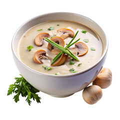 A bowl of creamy mushroom soup isolated on transparent background.