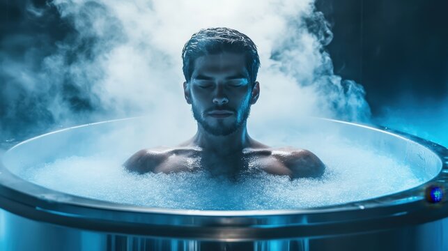 A man relaxes in a cryo chamber filled with mist, creating a serene atmosphere. The scene portrays an advanced technological setting with soothing blue tones