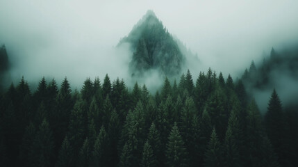 Foggy Mountain Peaks Above a dense forest