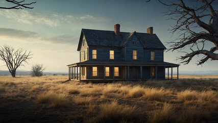 An isolated, weathered, two-story house stands alone under a dramatic sky in a vast open prairie field.