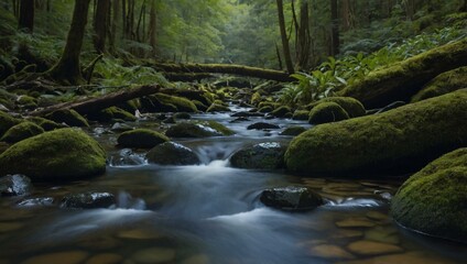 Tranquil forest stream with a floating stone bowl.