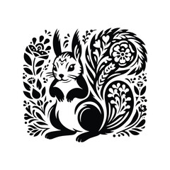 Fototapeta premium Squirrel in folk art black and white silhouette illustration -