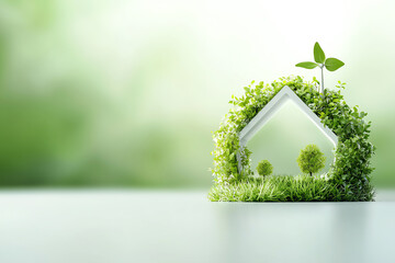 A modern, eco-friendly house concept surrounded by lush greenery, symbolizing sustainability and harmony with nature.