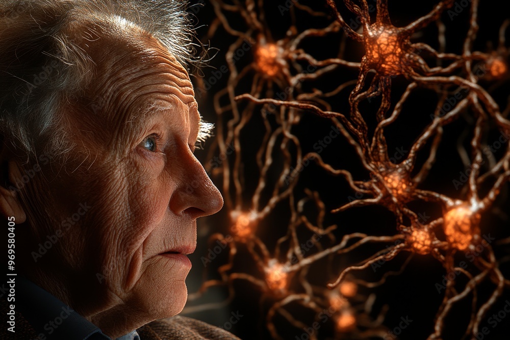 Poster Cortical neurostimulation neurotransduction and fMRI elderly woman with glowing neural branches behind her representing deep thought and memory