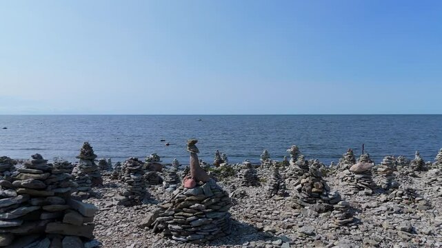 Stone Towers Beach Estonia (Baltic States), Saaremaa Island, Pyramids of Flat Stones Put as Lucky Charm Along the Beaches of the Southwest Pebble Beach, Ohessaare Tuulik, Kivi Rand Saaremaa, Estonia