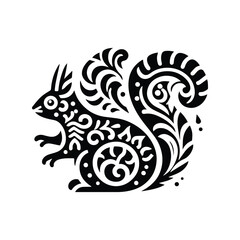 Squirrel in folk art black and white silhouette illustration -
