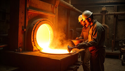Two male workers in helmets carefully pouring molten metal in a foundry, showcasing industrial processes and craftsmanship in a manufacturing environment.