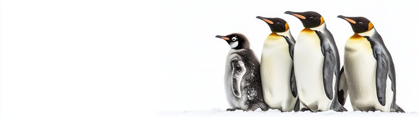 Fototapeta premium Penguin Family Embrace, a charming depiction of a close-knit group of penguins huddled together, set against a pristine white backdrop, showcasing their unity and warmth.
