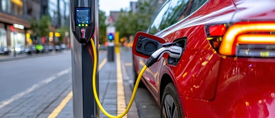 Red Electric Car Charging, Station Plugged In, Eco-Friendly Transportation