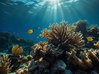 Underwater scene with corals and marine life illuminated by sunlight.
