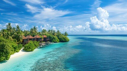 Fototapeta premium Breathtaking tropical paradise featuring lush greenery, crystal-clear water, and serene skies, perfect for relaxation and escape.