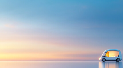 Fototapeta premium A serene landscape featuring a futuristic vehicle against a peaceful sunset, embodying innovation and tranquility.