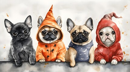 Fototapeta premium Cute Pets in Whimsical Halloween Costumes Watercolor