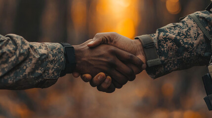 Two soldiers shake hands in a show of camaraderie.