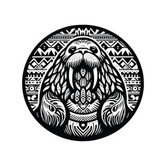 Walrus in bohemian black and white silhouette illustration -