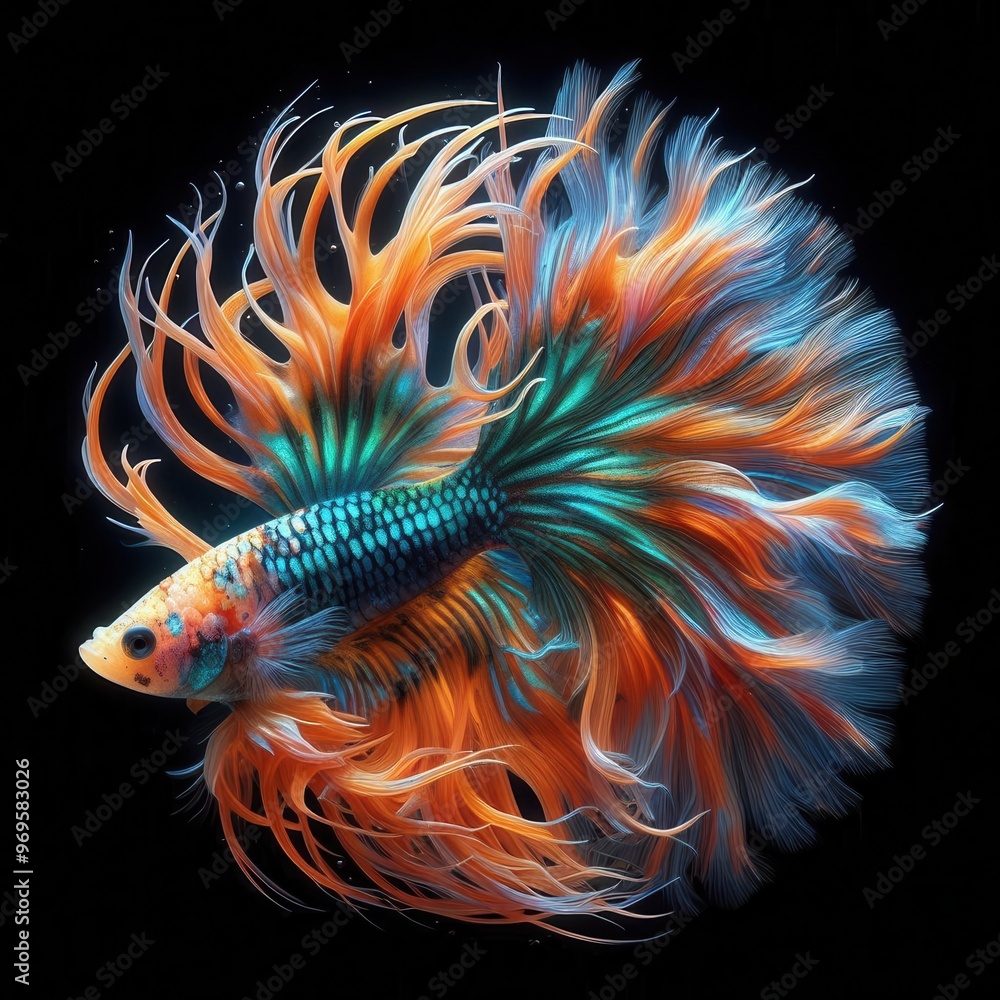 Poster a vibrant betta fish with flowing fins in a colorful display against a dark background.