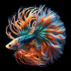 Fototapeta premium A vibrant betta fish with flowing fins in a colorful display against a dark background.