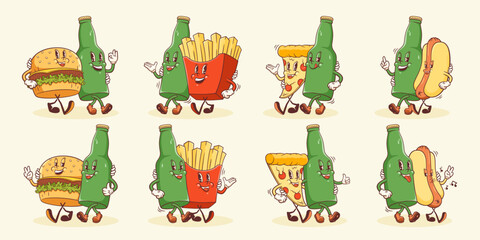 Groovy Beer and Food Snacks Retro Characters Set. Cartoon Burger, Pizza, French Fries, Hot Dog and Bottle Smiling Vector Fast Food Mascot Templates Happy Vintage Cool Illustrations Collection Isolated