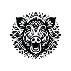 Wart hog in folk art black and white silhouette illustration -