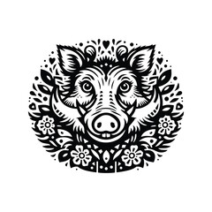 Obraz premium Wart hog in folk art black and white silhouette illustration -