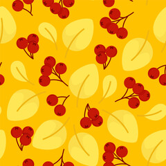Seamless pattern of autumn leaves and berries on an orange background