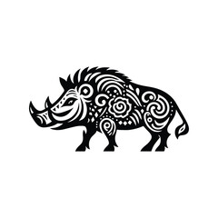 Fototapeta premium Wart hog in folk art black and white silhouette illustration -