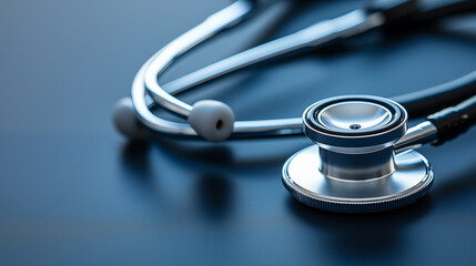 close-up image of a stethoscope placed on a smooth, dark surface.