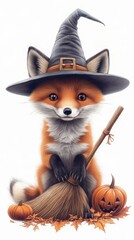 Cute Fox Witch with Broom and Pumpkins for Halloween.