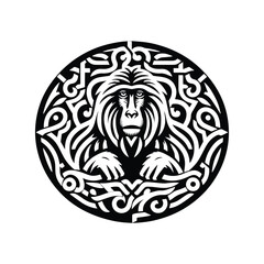 baboon monkey in folk art black and white silhouette illustration -